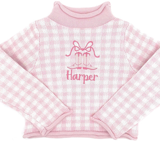 Personalized Pink Gingham Rollneck Sweater, Baby Toddler Girl | Winter Clothes, Sweater, Customize, Embroidery, Cowgirl, Boots, Bow, Gingham