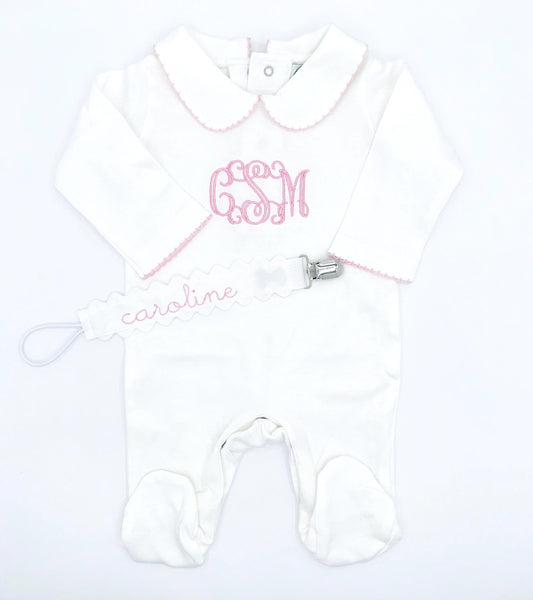 Personalized Footie w/ Collar, Baby Girl | Hospital Outfit, Newborn Outfit, Customize, Embroidery, Coming Home Outfit, Monogram, Picot Trim