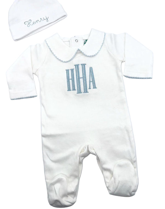 Personalized White w/ Picot Trim Newborn Footie, Baby Boy Girl | Hospital Outfit, Newborn Outfit, Customize, Embroidered, Coming Home Outfit