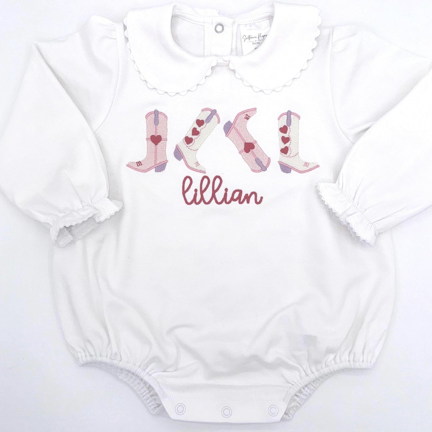 Personalized White Scallop Edge Bubble Valentine’s Cowgirl Boots, Hearts, Romper, Peter Pan Collar, Customize, Embroidery, Pink, Red