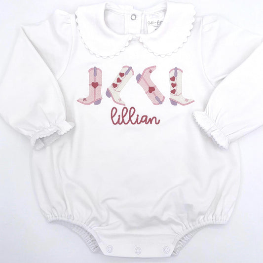 Personalized White Scallop Edge Bubble Valentine’s Cowgirl Boots, Hearts, Romper, Peter Pan Collar, Customize, Embroidery, Pink, Red
