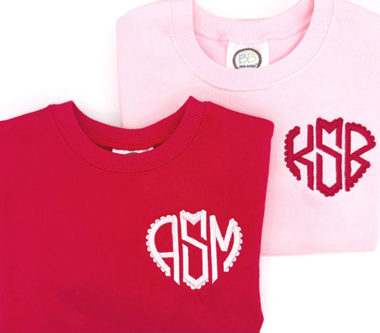 Personalized Red Valentine’s Sweatshirt with Scallop Heart Monogram, Sweatshirt, Customize, Embroidery, Bubble, Sweatshirt Bubble, Red, Pink