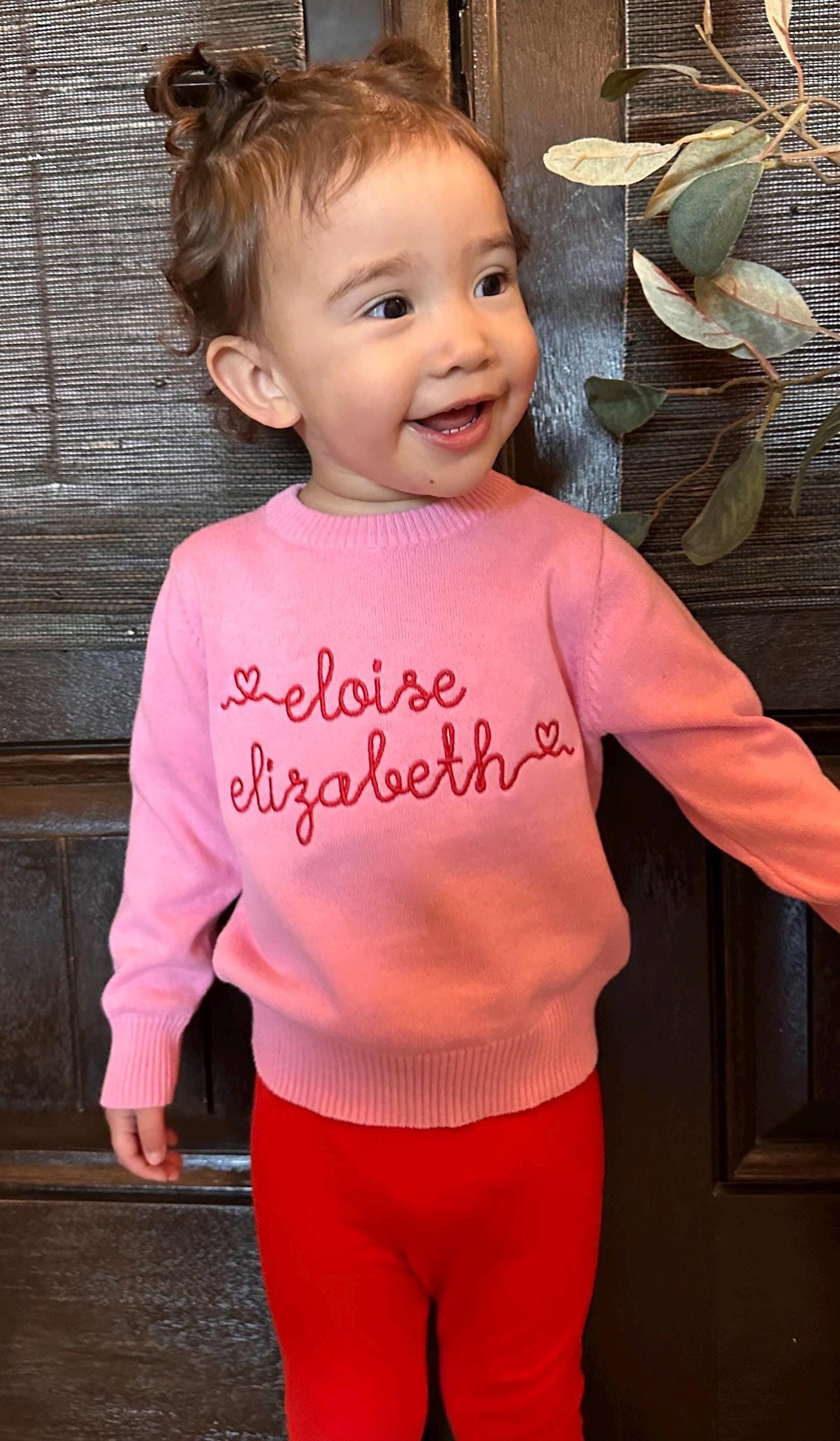 Heart Name Sweater | Toddler Girl, Hearts, Embroidered Name, Pink Sweater, Valentine's Outfit, Embroidery, Customize, Personalize, Red