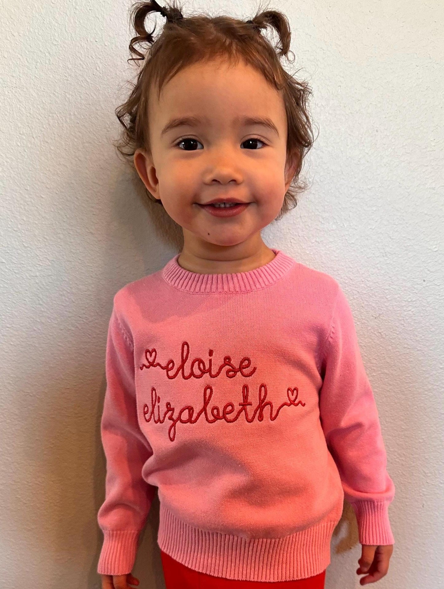 Heart Name Sweater | Toddler Girl, Hearts, Embroidered Name, Pink Sweater, Valentine's Outfit, Embroidery, Customize, Personalize, Red