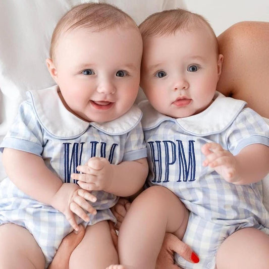 Personalized Blue Gingham Bubble with Peter Pan Collar, Baby Boy Girl Toddler | Hospital Outfit, Newborn, Embroidery, Coming Home Outfit