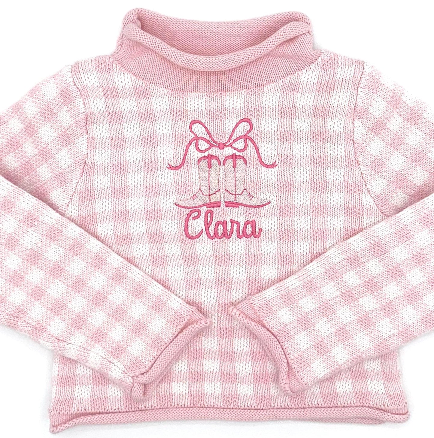 Personalized Pink Gingham Rollneck Sweater, Baby Toddler Girl | Winter Clothes, Sweater, Customize, Embroidery, Cowgirl, Boots, Bow, Gingham