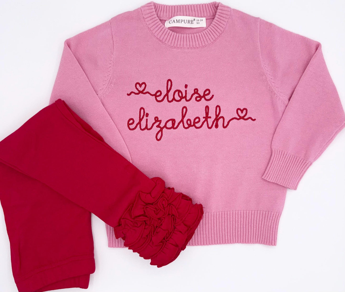 Heart Name Sweater | Toddler Girl, Hearts, Embroidered Name, Pink Sweater, Valentine's Outfit, Embroidery, Customize, Personalize, Red