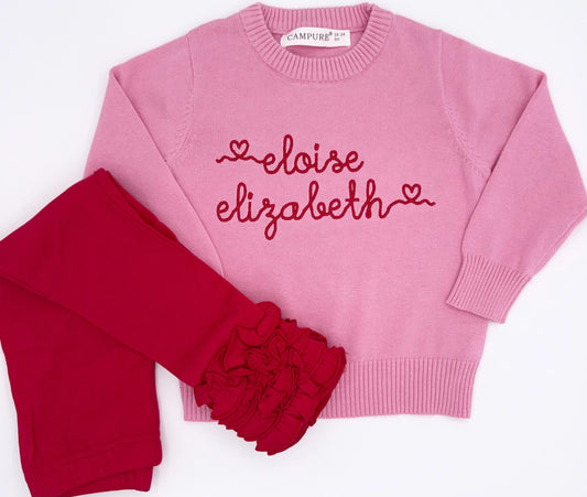 Heart Name Sweater | Toddler Girl, Hearts, Embroidered Name, Pink Sweater, Valentine's Outfit, Embroidery, Customize, Personalize, Red
