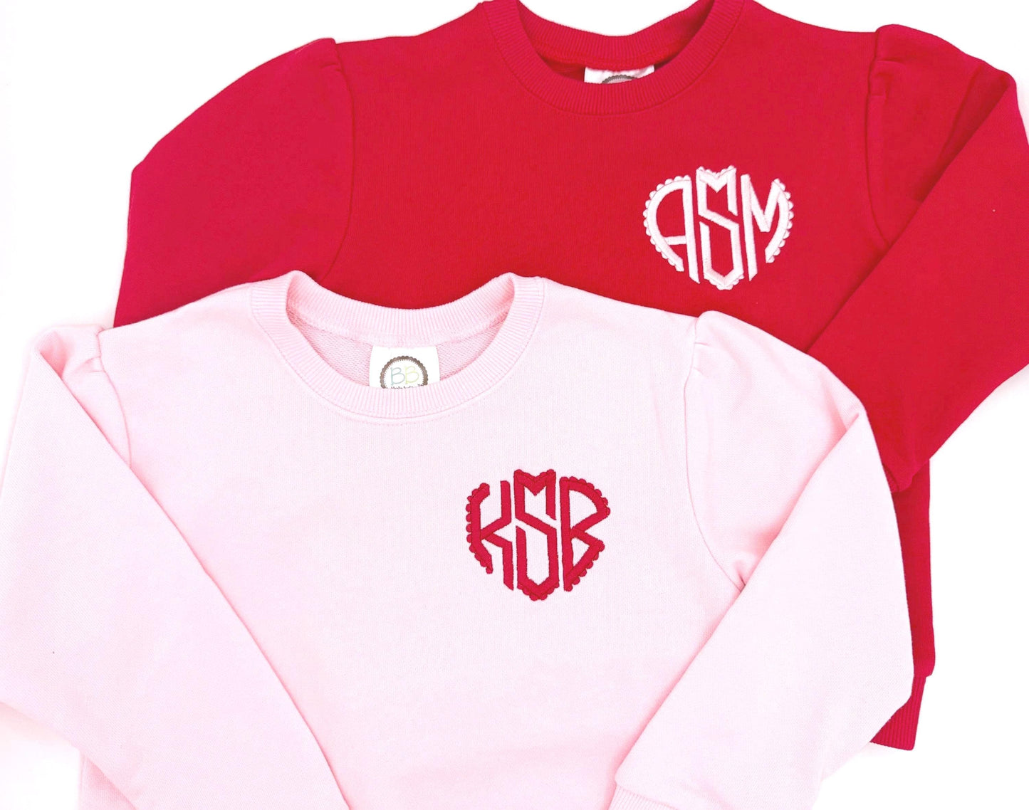 Personalized Red Valentine’s Sweatshirt with Scallop Heart Monogram, Sweatshirt, Customize, Embroidery, Bubble, Sweatshirt Bubble, Red, Pink