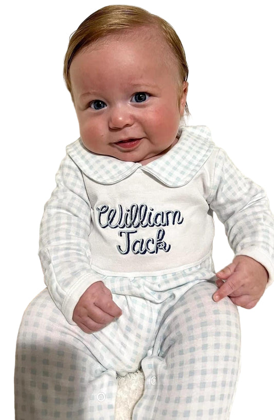 Customized Blue Gingham Newborn Footie, Baby Boy Girl | Hospital Outfit, Newborn, Embroidery, Coming Home Outfit, Stripes, Peter Pan Collar