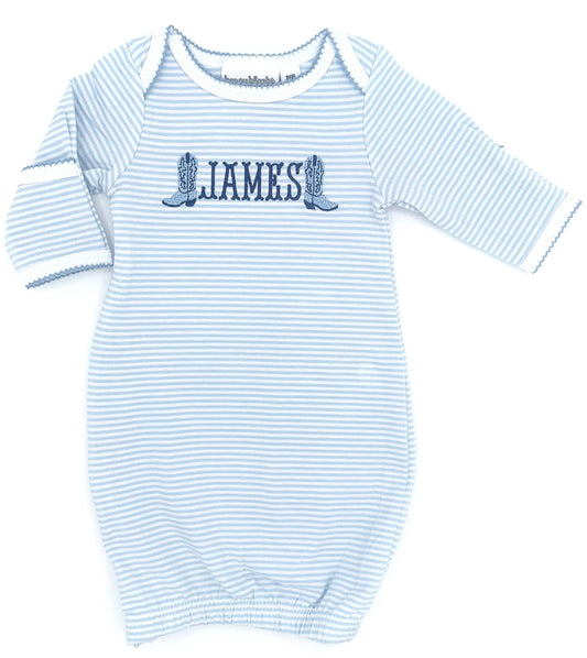 Personalized Blue Stripe Newborn Gown, Baby Boy Girl | Hospital Outfit, Newborn Outfit, Embroidery, Coming Home Outfit, Cowboy Boots