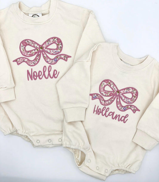 Personalized Bow Appliqué Sweatshirt bubble romper for Baby Toddler Girl | Floral Fabric, cute custom outfit, Bows, Pink, Purple, Customize