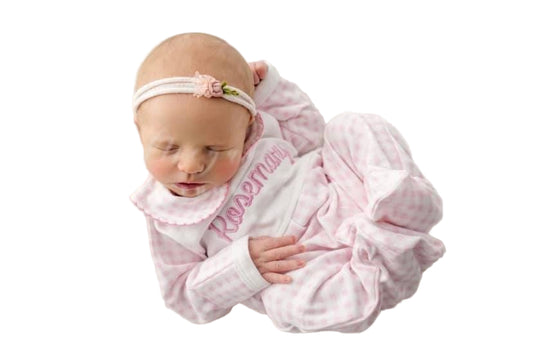 Customized Pink Gingham Newborn Footie, Baby Girl Boy | Hospital Outfit, Newborn, Embroidery, Coming Home Outfit, Stripes, Peter Pan Collar