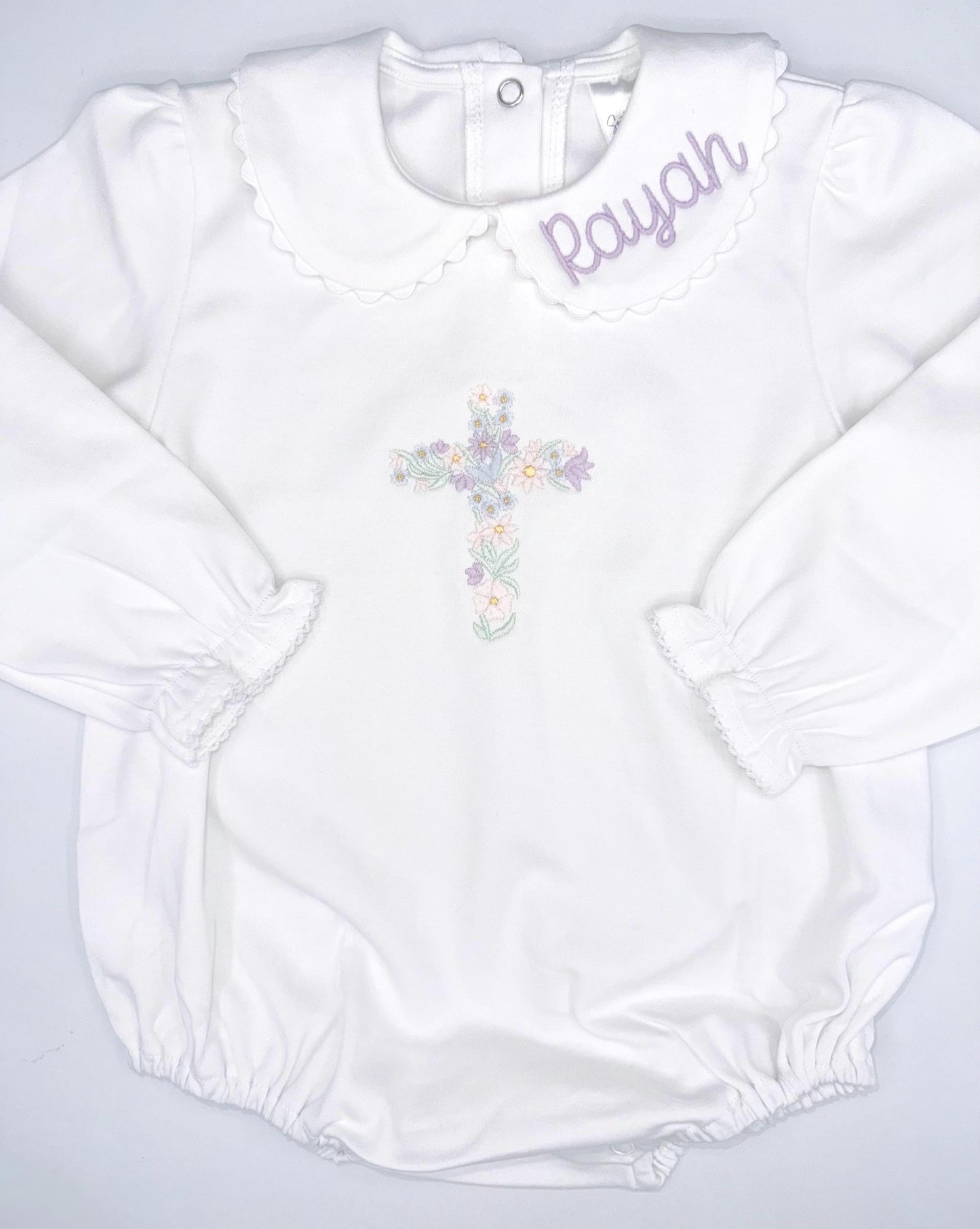 Embroidered Floral Cross on Scallop Edge Long Sleeve Bubble, Romper, Collar Embroidery, Monogram, RicRac, Customize, Easter Outfit, Church