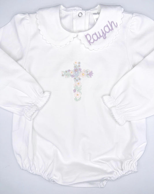 Embroidered Floral Cross on Scallop Edge Long Sleeve Bubble, Romper, Collar Embroidery, Monogram, RicRac, Customize, Easter Outfit, Church