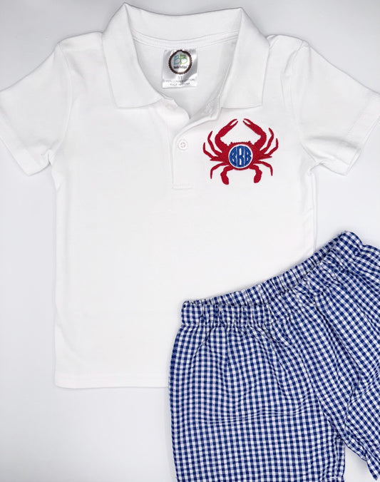 Custom Monogrammed Crab Polo Set, Baby Toddler Boy | Optional Set, Seersucker Shorts, Embroidery, Personalized