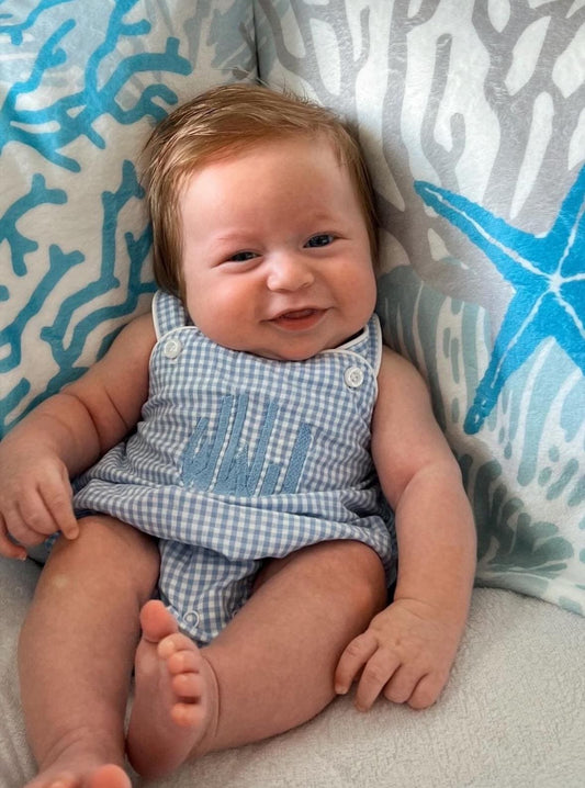 Customizable Monogram Blue Gingham Bubble, Baby Boy Girl Toddler | Seersucker, Green, Romper, NB 3m 6m 9m 12m 18m 2t 3t, Stripes, Sunsuit