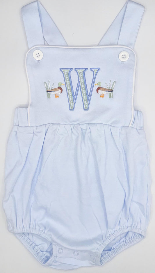 Embroidered Mallard Ducks and Initial Light Blue Boy’s Sunsuit, Baby Boy Toddler | Duck Bubble, Boy Outfit, Summer, Monogram Options