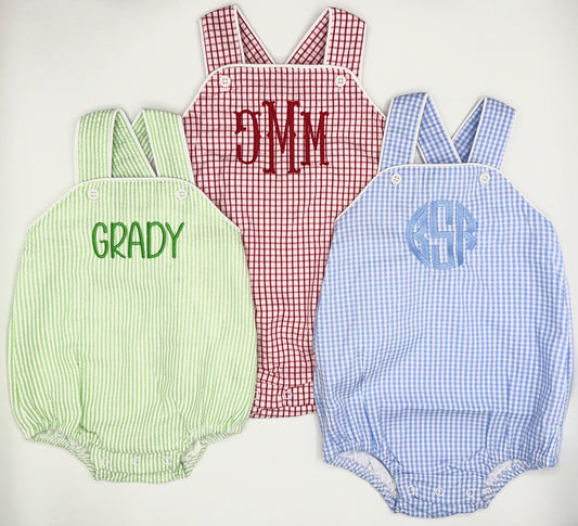 Customizable Monogram Green Seersucker Bubble, Blue Gingham, Red Windowpane, Baby Boy Girl Toddler | Romper, Sunsuit, Personalized
