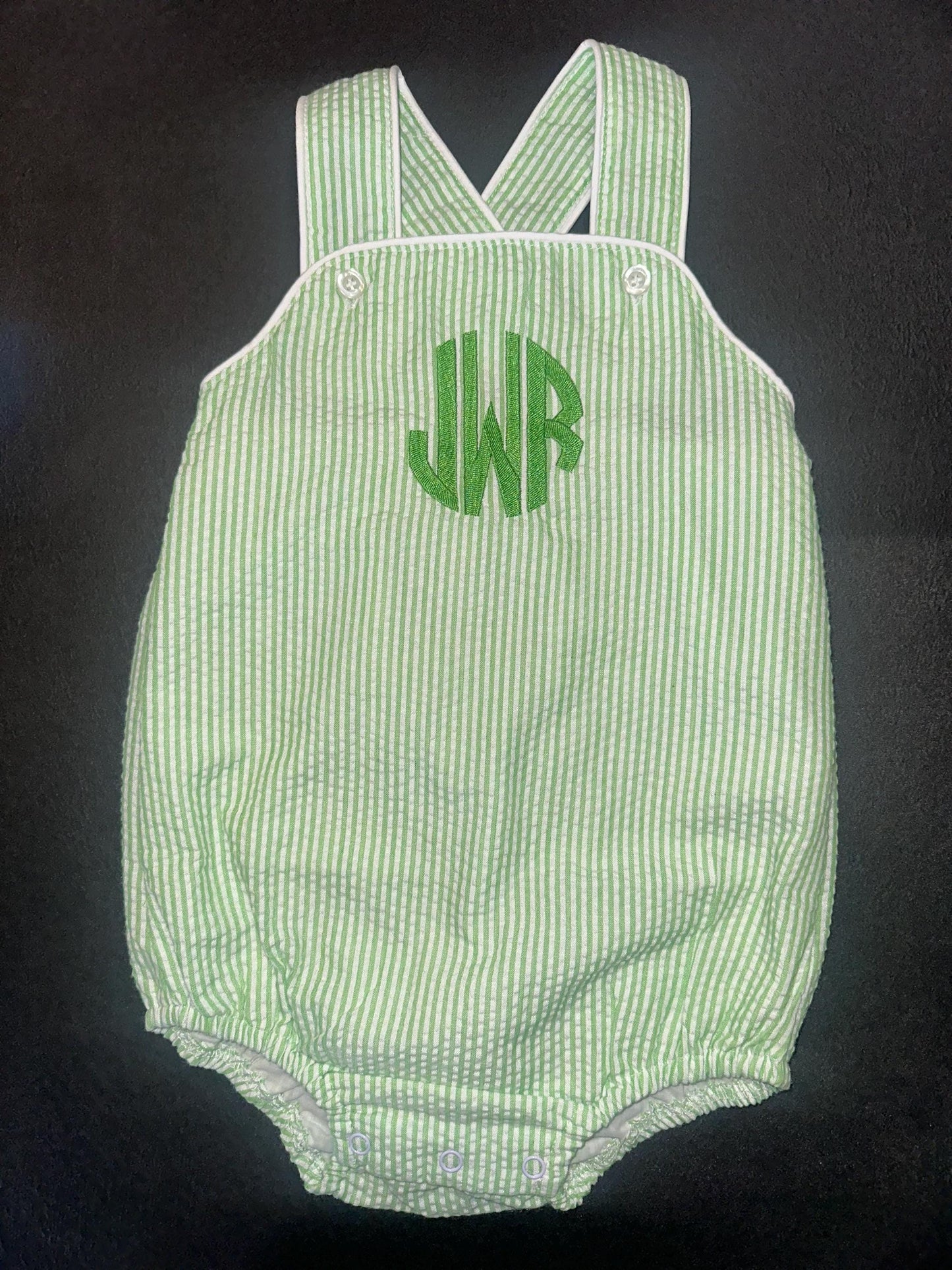 Customizable Monogram Blue Gingham Bubble, Baby Boy Girl Toddler | Seersucker, Green, Romper, NB 3m 6m 9m 12m 18m 2t 3t, Stripes, Sunsuit