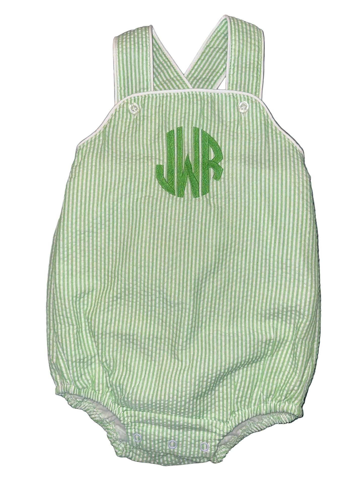 Customizable Monogram Blue Gingham Bubble, Baby Boy Girl Toddler | Seersucker, Green, Romper, NB 3m 6m 9m 12m 18m 2t 3t, Stripes, Sunsuit