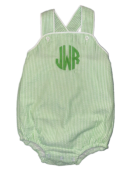 Customizable Monogram Blue Gingham Bubble, Baby Boy Girl Toddler | Seersucker, Green, Romper, NB 3m 6m 9m 12m 18m 2t 3t, Stripes, Sunsuit