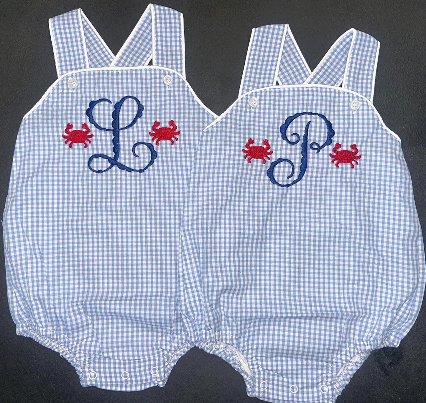 Customizable Monogram Blue Gingham Bubble, Baby Boy Girl Toddler | Seersucker, Green, Romper, NB 3m 6m 9m 12m 18m 2t 3t, Stripes, Sunsuit