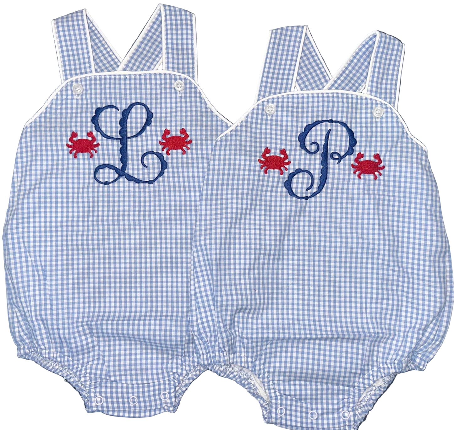 Customizable Monogram Blue Gingham Bubble, Baby Boy Girl Toddler | Seersucker, Green, Romper, NB 3m 6m 9m 12m 18m 2t 3t, Stripes, Sunsuit
