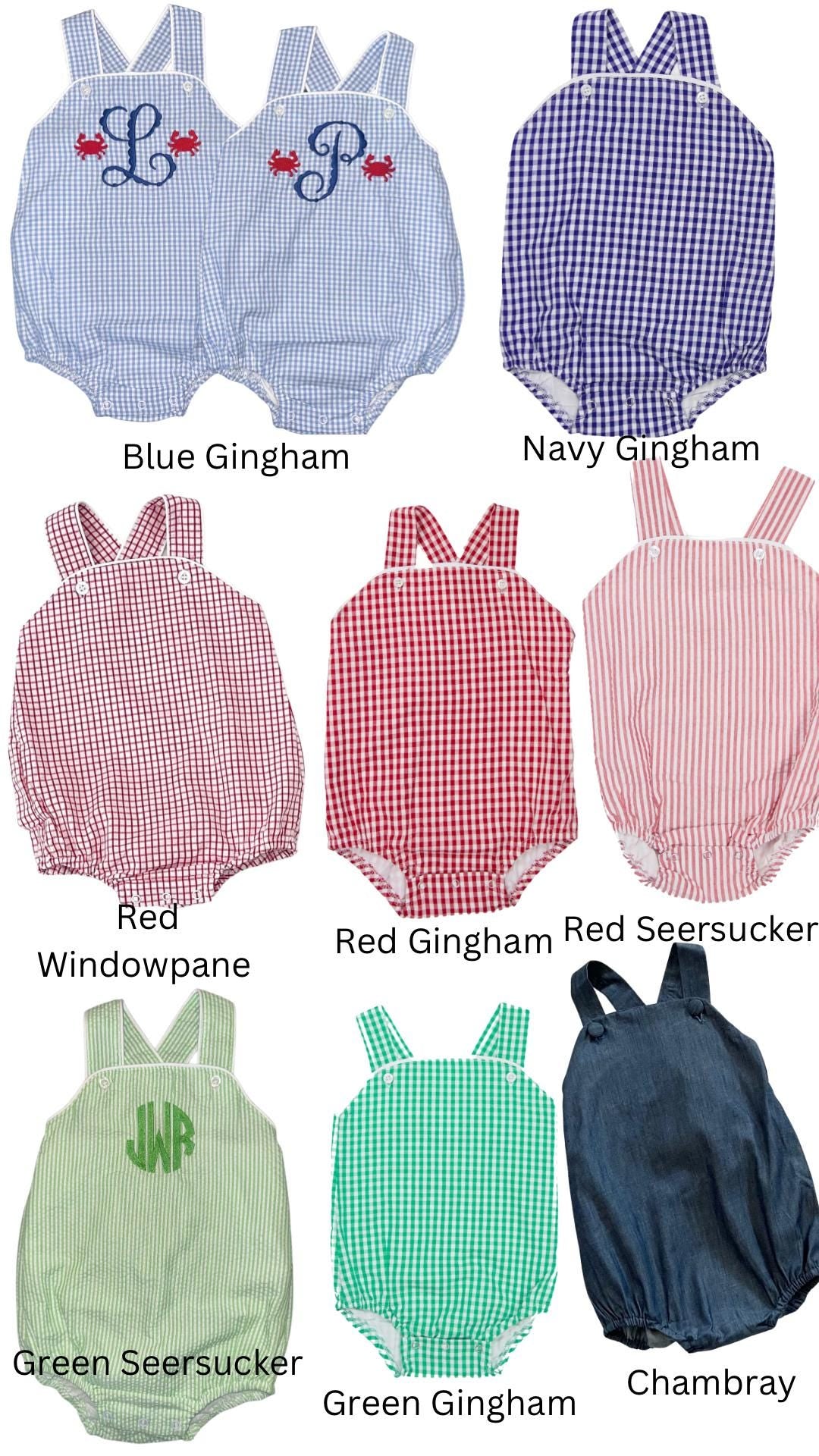 Customizable Monogram Blue Gingham Bubble, Baby Boy Girl Toddler | Seersucker, Green, Romper, NB 3m 6m 9m 12m 18m 2t 3t, Stripes, Sunsuit