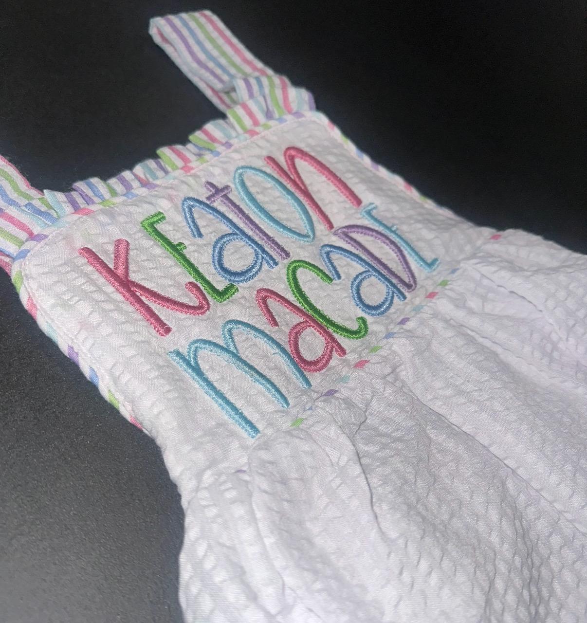 Customizable White Seersucker Sunsuit with Multi Colored Seersucker Edge and Bow, Baby Girl Toddler | 3D Font, Large Bow, Romper, Bubble