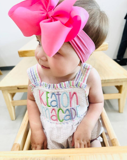 Customizable White Seersucker Sunsuit with Multi Colored Seersucker Edge and Bow, Baby Girl Toddler | 3D Font, Large Bow, Romper, Bubble