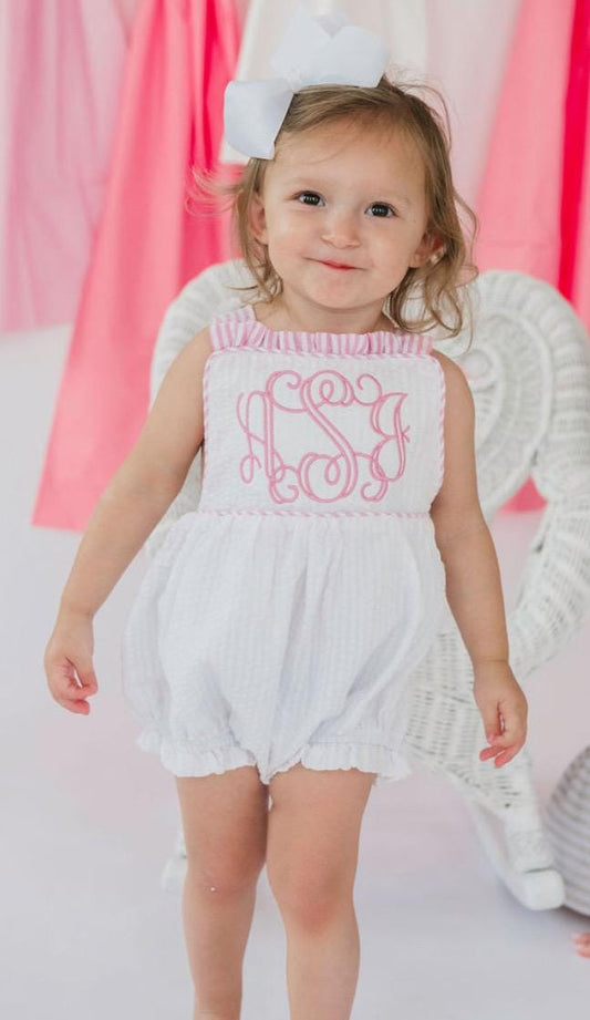 Customizable White Seersucker Sunsuit with Pink Seersucker Edge and Bow, Baby Girl Toddler | Open Vine Monogram, Large Bow, Romper, Bubble