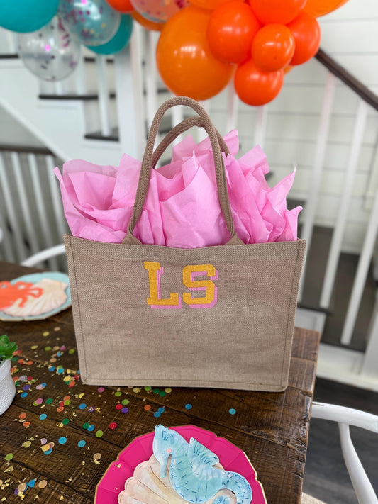 XL Jute Tote Bag with Block Shadow Monogram, Beach Bag, Water Resistant Interior, Monogram Options, Customize, Personalize, Gift Idea