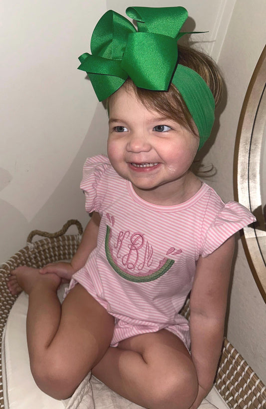 Custom Embroidered Watermelon Slice w/ Monogram Pink Stripe Flutter Sleeve Bubble, Baby Girl Toddler | Sibling Match, Watermelon Crawl