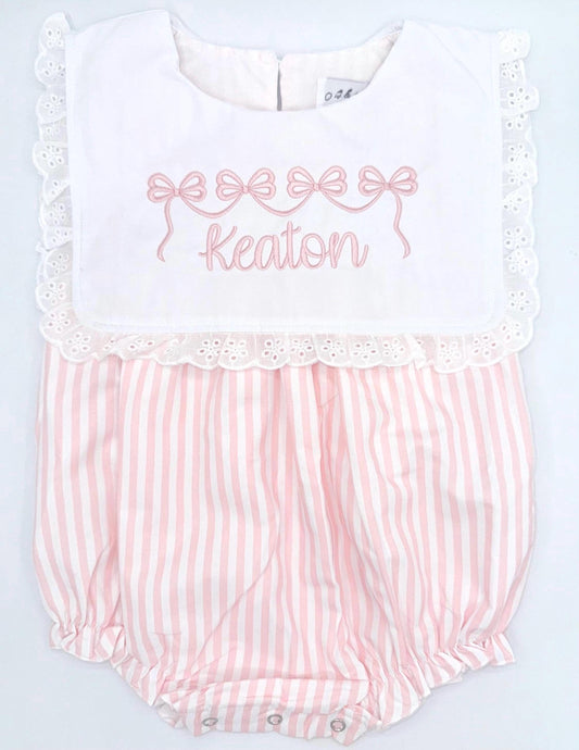 Pink and White Pinstripes Bubble with Eyelet Edge Ruffle Bib, Monogram,  Bib Collar, Romper, Baby Toddler Girl,  Embroidery, Bow, Stripes