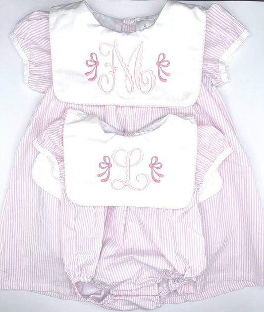 Pink Seersucker Bubble & Dress, Monogram,  Bib Collar, Bubble, Dress, Baby Toddler Girl,  Embroidery, Bow, Scallop Initial, Customize