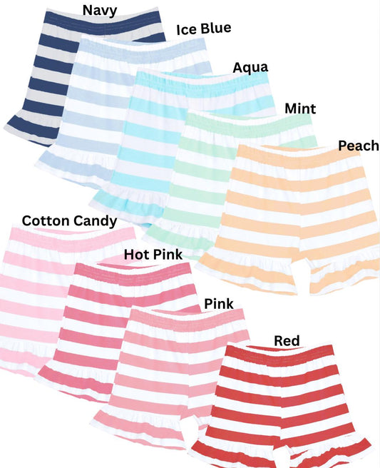 Ruffle Stripe Shorts, Baby Girl Toddler | Summer Shorts, Color Options, Closet Staple, Clothing Sets, Shorts Sets; Large Stripes, Blue, Pink
