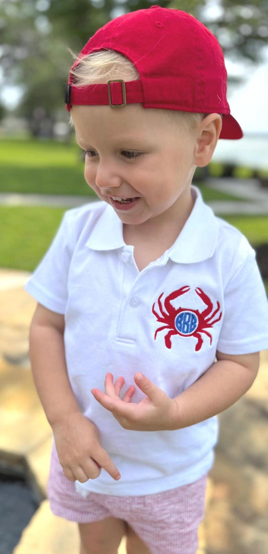 Custom Monogrammed Crab Polo Set, Baby Toddler Boy | Optional Set, Seersucker Shorts, Embroidery, Personalized