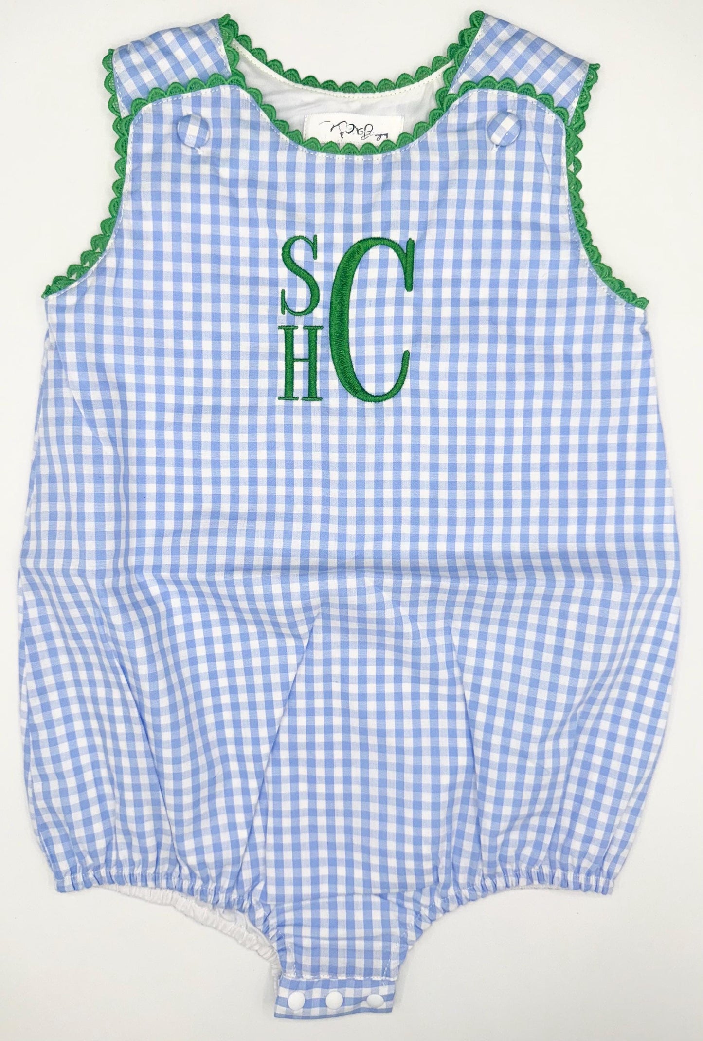 Customizable Monogram Blue and White Gingham Bubble with Kelly Green Ric Rac Edge Detail, Baby Boy Toddler | Romper, 3m 6m 12m, Sunsuit
