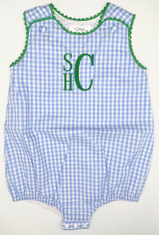 Customizable Monogram Blue and White Gingham Bubble with Kelly Green Ric Rac Edge Detail, Baby Boy Toddler | Romper, 3m 6m 12m, Sunsuit