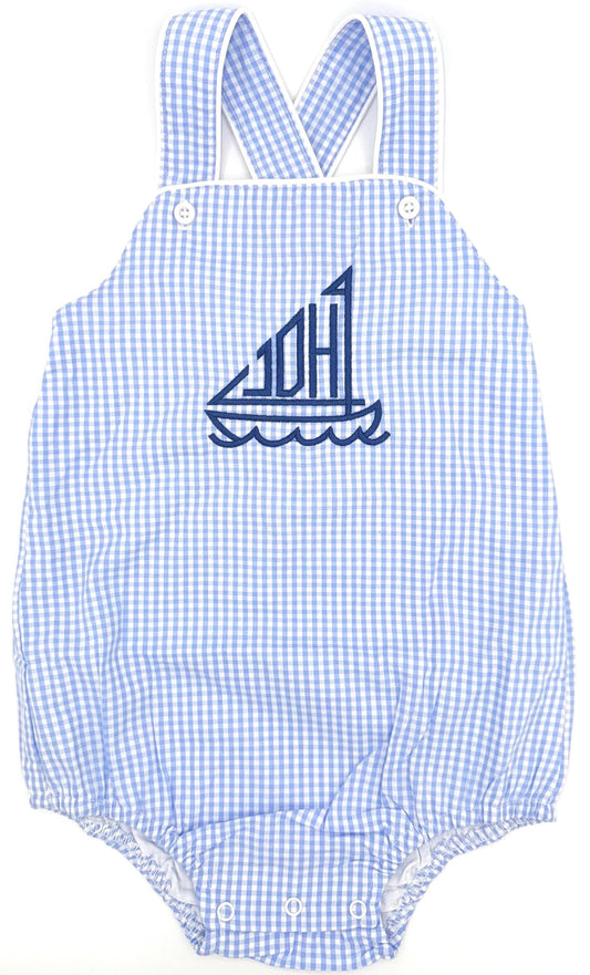 Customizable Monogram Sailboat Blue Gingham Bubble, Baby Boy Toddler | Seersucker, Romper, Sunsuit, Nautical, Beach, Boat, Outfit Options