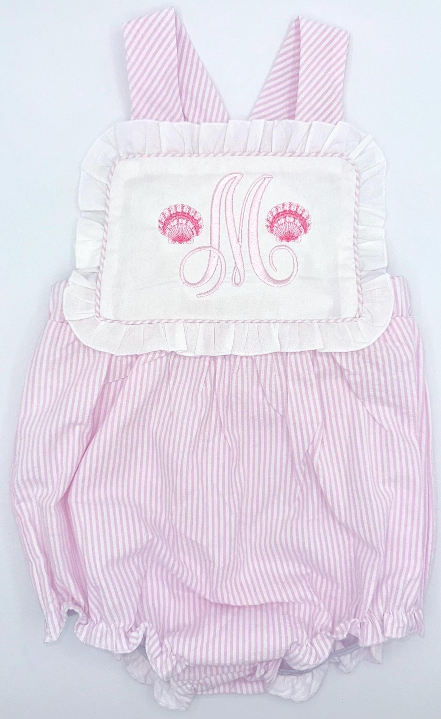 Personalized Pink Seersucker Ruffle Bib Sunsuit, Bow Back Bubble, | Baby Girl Toddler Sister Sets, Beach Outfit, Seashells, Custom, Monogram