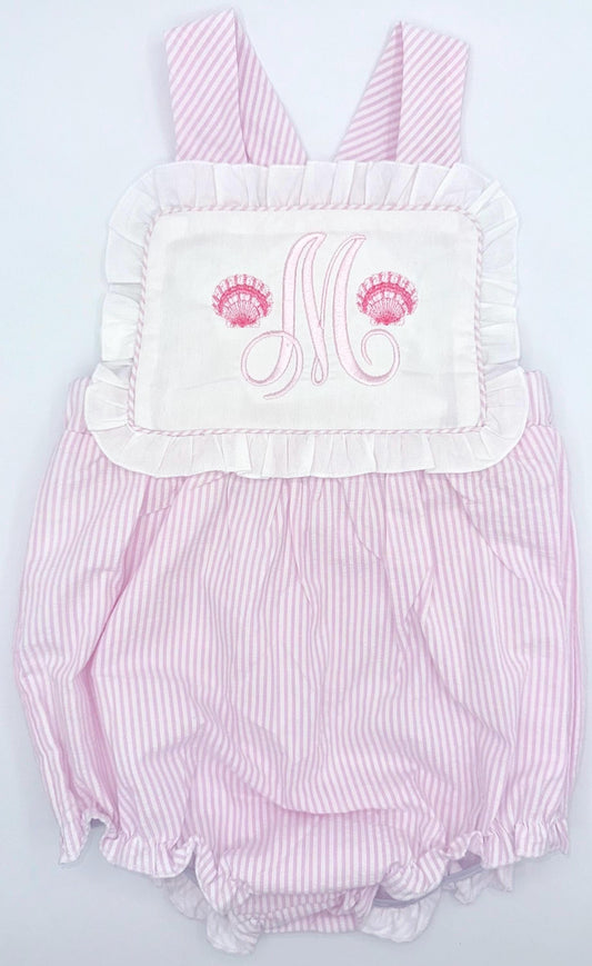 Personalized Pink Seersucker Ruffle Bib Sunsuit, Bow Back Bubble, | Baby Girl Toddler Sister Sets, Beach Outfit, Seashells, Custom, Monogram