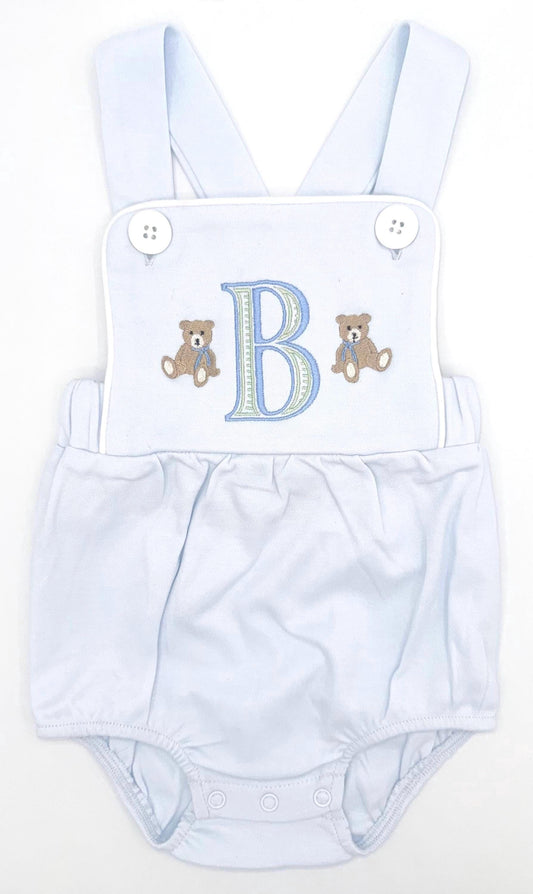 Embroidered Teddy Bears and Initial Light Blue Boy’s Sunsuit, Baby Boy Toddler | Bubble, Boy Outfit, Summer, Romper, Custom