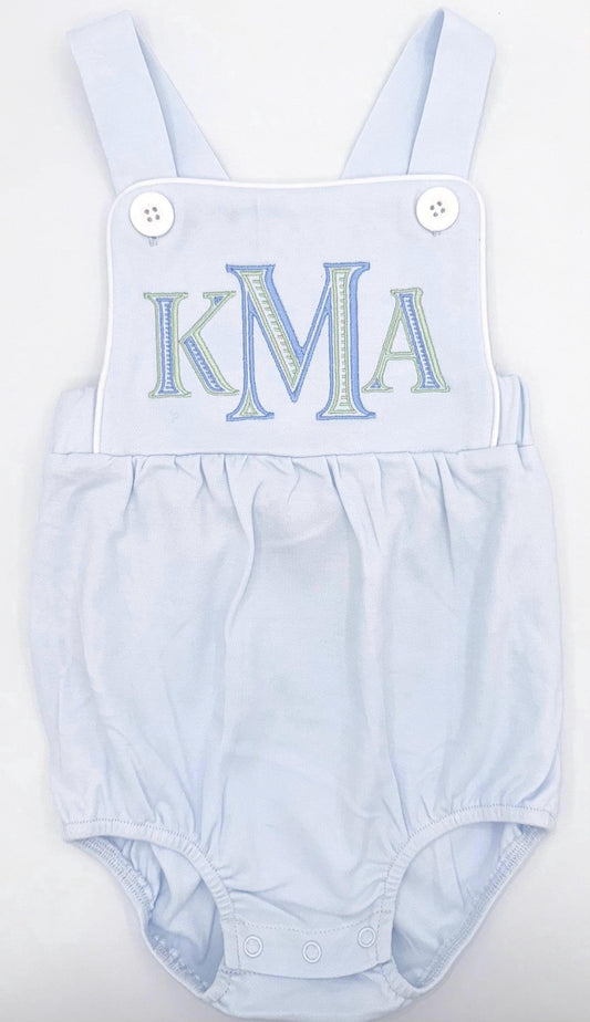 Embroidered Monogrammed Light Blue Boy’s Sunsuit, Baby Boy Toddler | Bubble, Boy Outfit, Summer, Monogram Options
