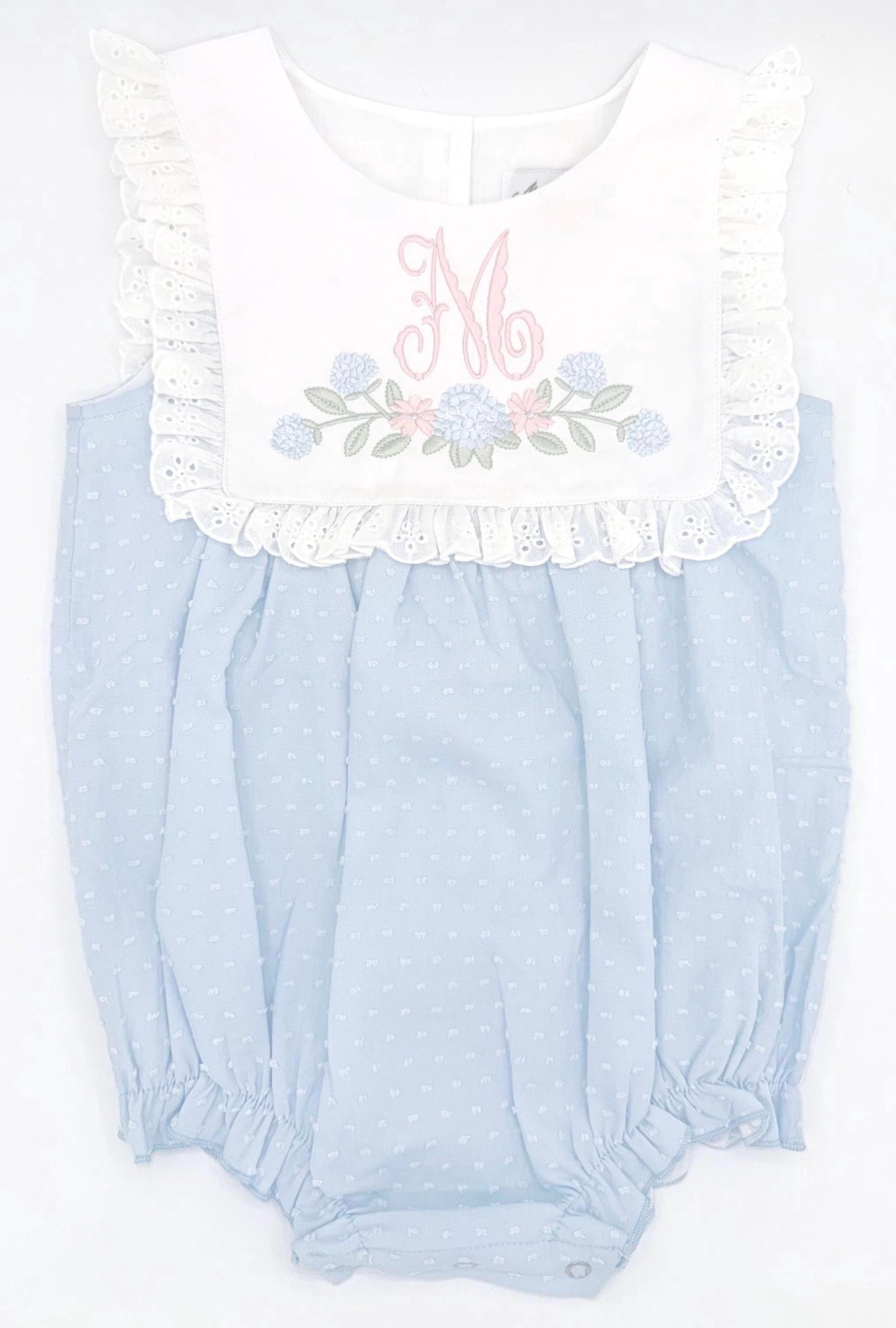 Personalized Blue Swiss Dot Bubble with Eyelet Ruffle Bib| Hydrangeas, Baby Girl Toddler, Summer Outfit, Monogram, Custom, Romper