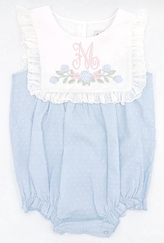 Personalized Blue Swiss Dot Bubble with Eyelet Ruffle Bib| Hydrangeas, Baby Girl Toddler, Summer Outfit, Monogram, Custom, Romper