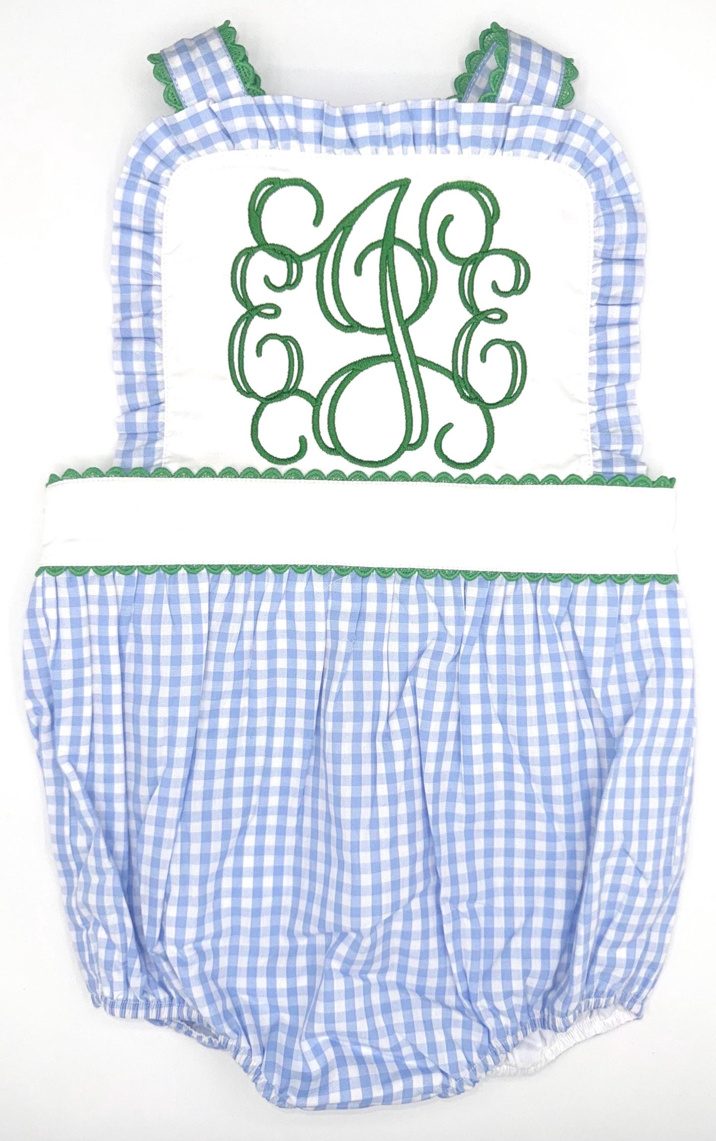 Customizable Blue and White gingham ruffle sunsuit with green ric rac edge detail, Baby Boy Toddler | 3D Font, Romper, Bubble