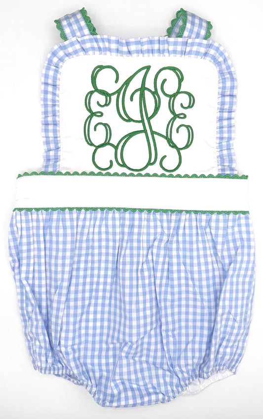 Customizable Blue and White gingham ruffle sunsuit with green ric rac edge detail, Baby Boy Toddler | 3D Font, Romper, Bubble