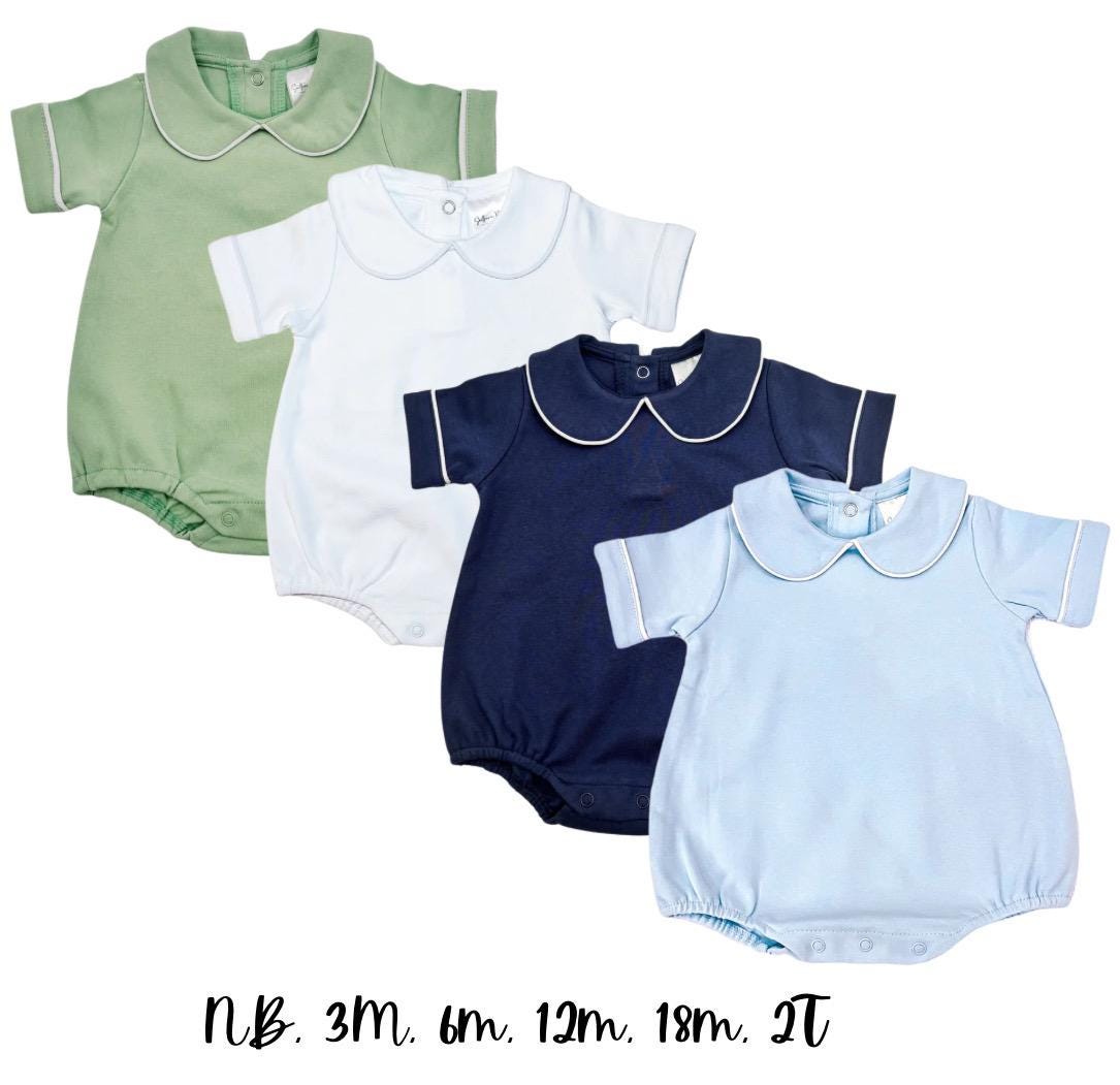 Personalized Piped Edge Bubble with Peter Pan Collar, Navy White Sage Light Blue Options, Romper, Customize, Monogram, Embroidery, Design